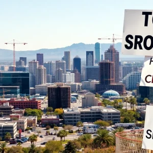 Cityscape of Arizona with construction and protest signs