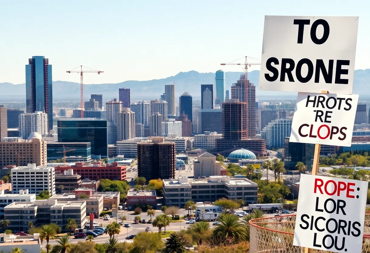 Cityscape of Arizona with construction and protest signs