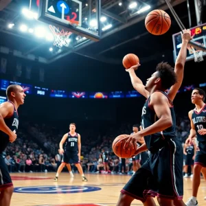 A basketball game showcasing teamwork and collaboration among players on the court.