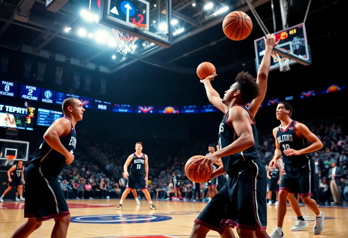 A basketball game showcasing teamwork and collaboration among players on the court.