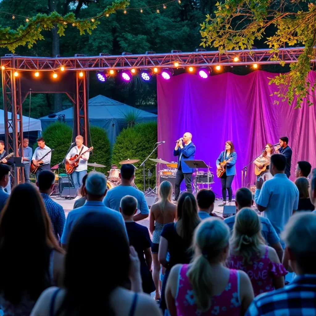Outdoor concert in Beverly Hills with musicians and an audience