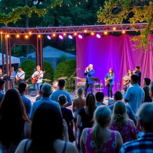 Outdoor concert in Beverly Hills with musicians and an audience