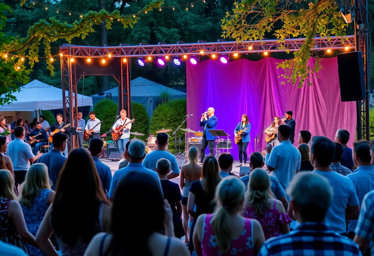 Outdoor concert in Beverly Hills with musicians and an audience