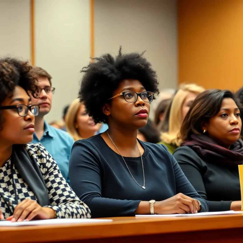 Educators at a school board meeting advocating for their rights.