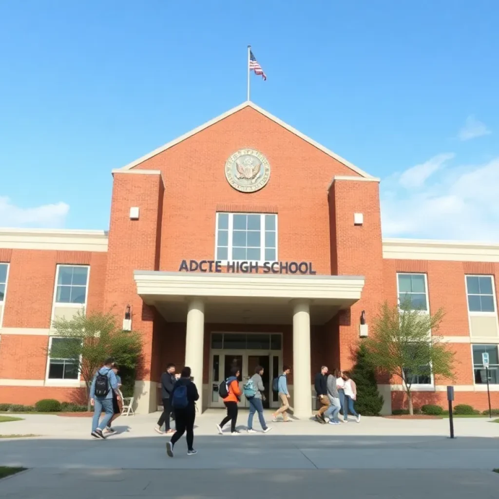 Facade of Beverly Hills High School with students