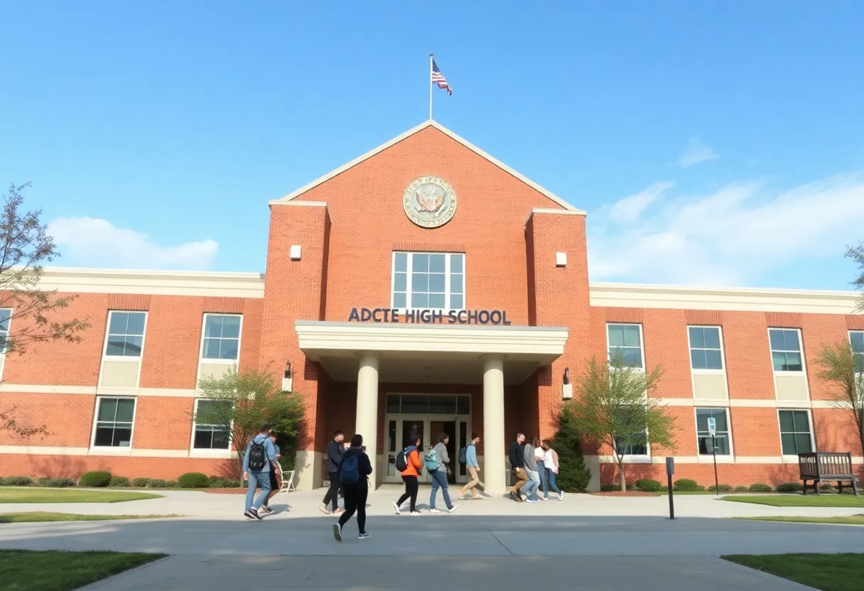 Facade of Beverly Hills High School with students