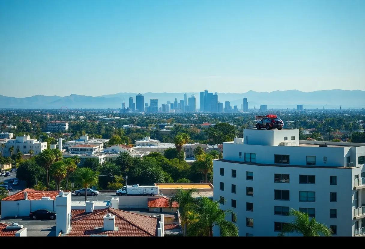 Outdoor Warning System sirens in Beverly Hills cityscape.