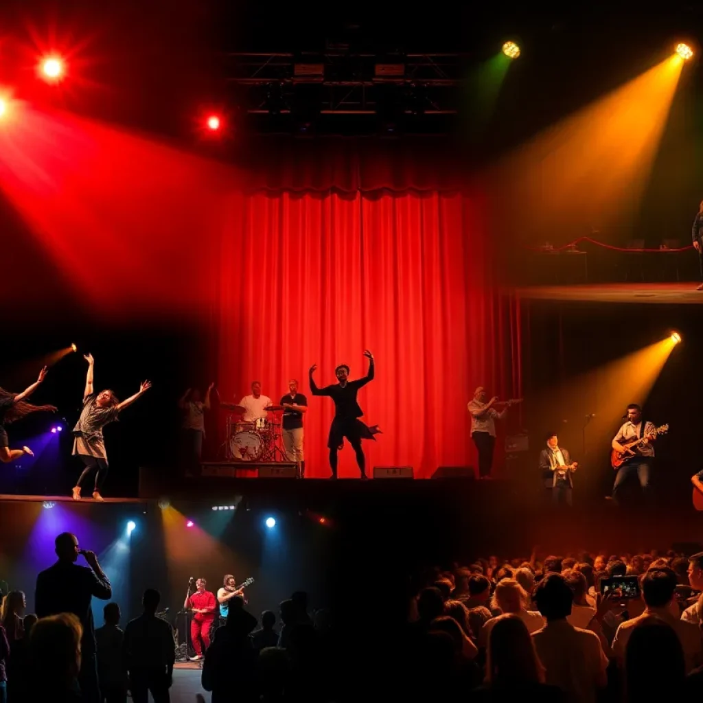 A colorful image representing the Beverly Hills performing arts season with dancers, musicians, and a theater stage.
