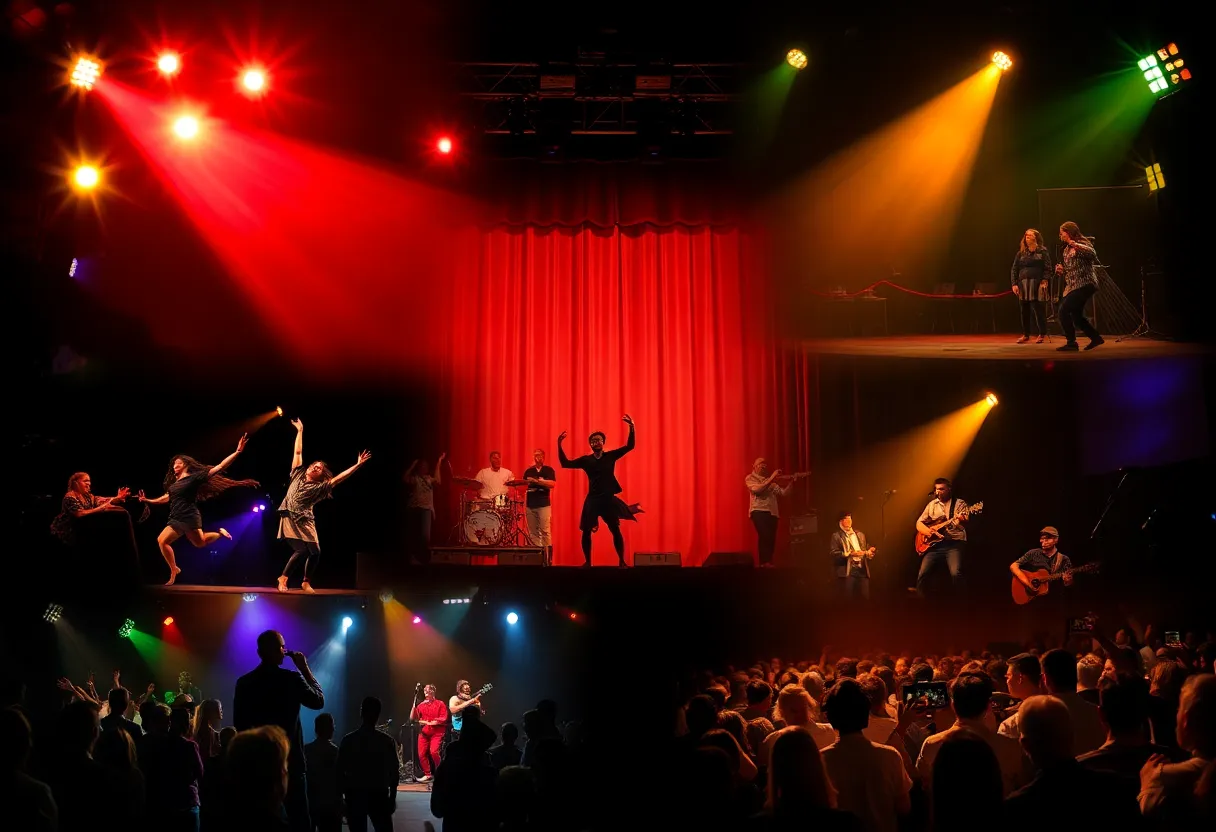 A colorful image representing the Beverly Hills performing arts season with dancers, musicians, and a theater stage.