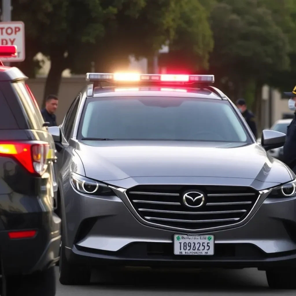 Police officers surrounding a gray Mazda SUV during a vehicle pursuit in Beverly Hills.