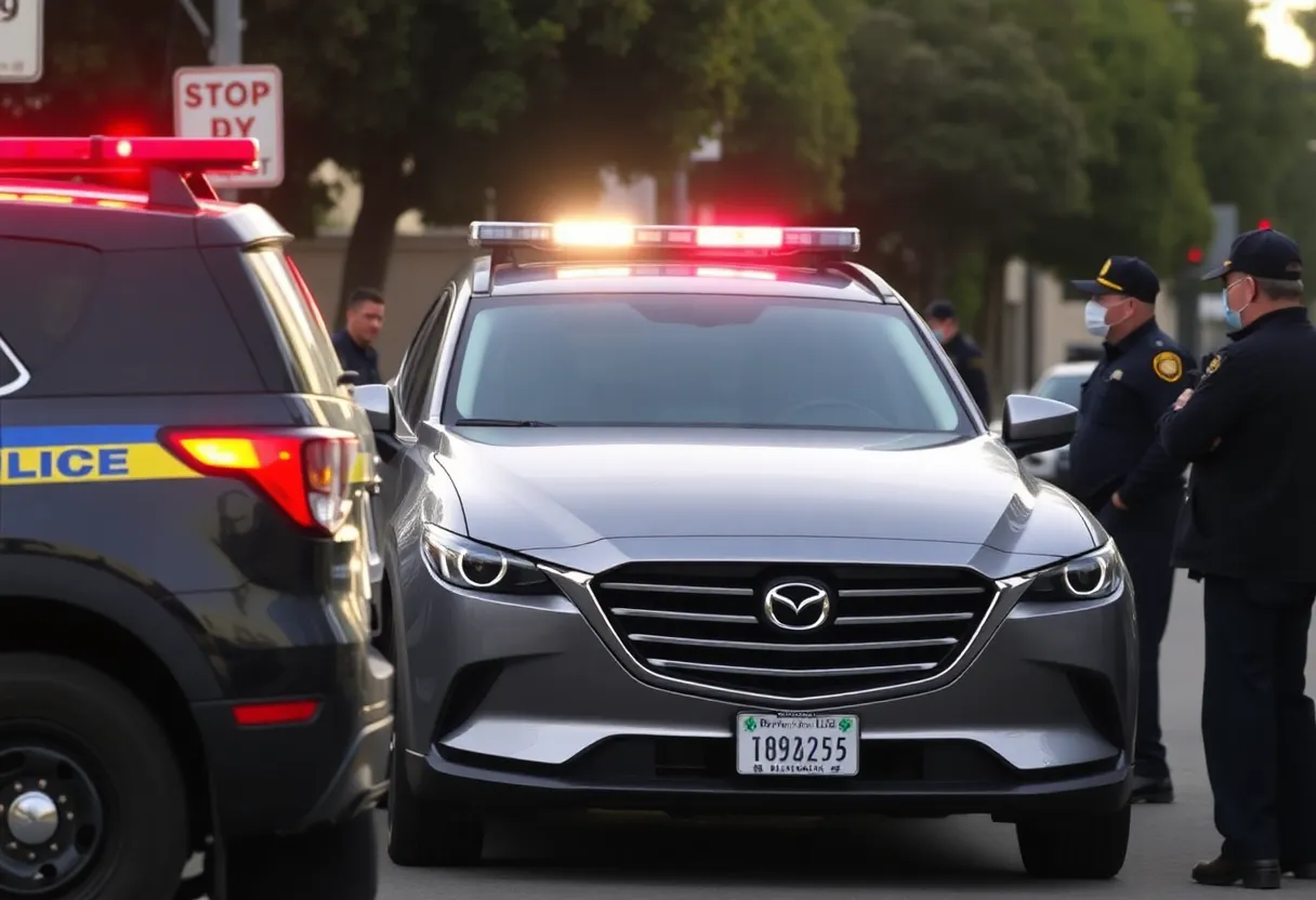 Police officers surrounding a gray Mazda SUV during a vehicle pursuit in Beverly Hills.