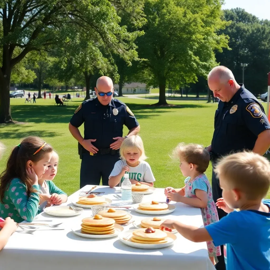 Community members enjoying pancake breakfast with police officers