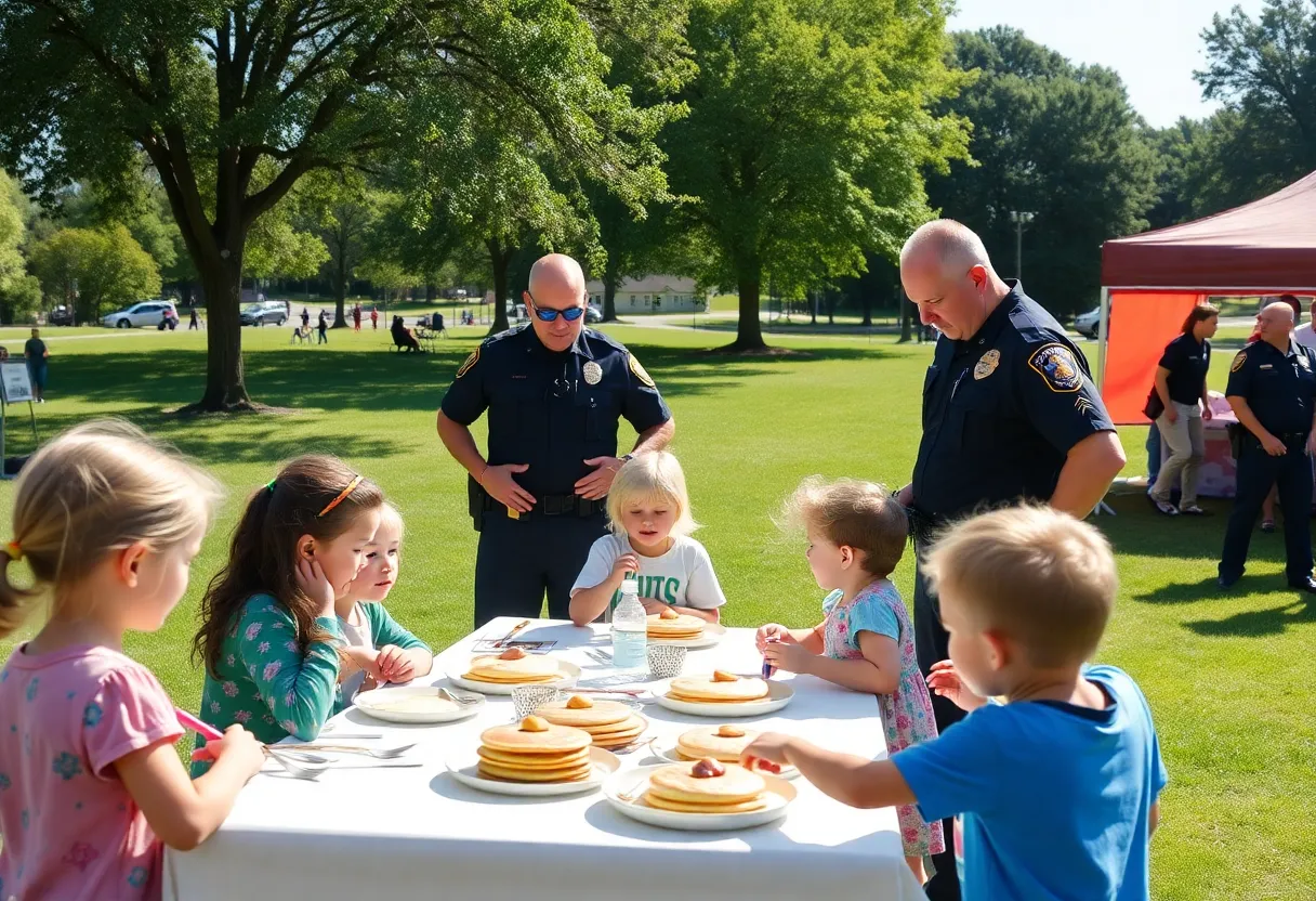 Community members enjoying pancake breakfast with police officers