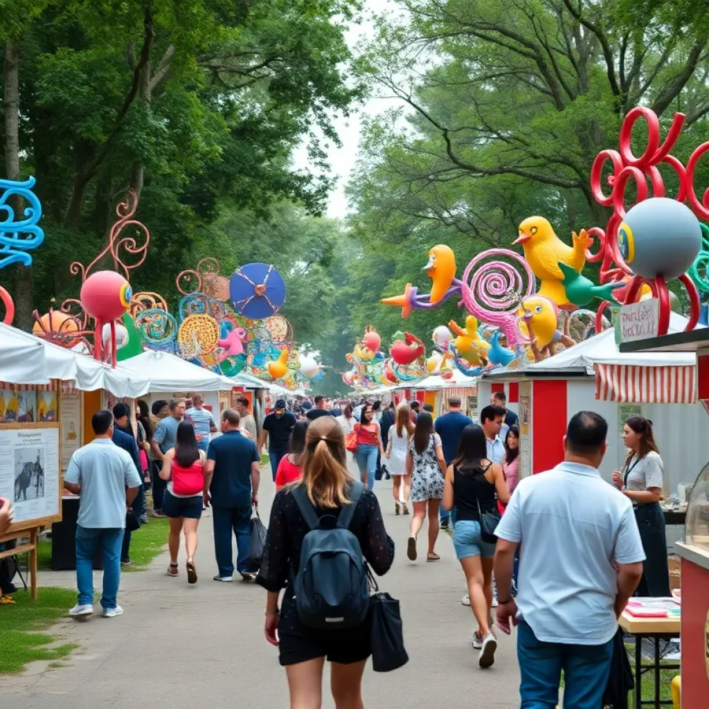 Visitors enjoying the Beverly Hills Spring Art Show with various art displays and food trucks.