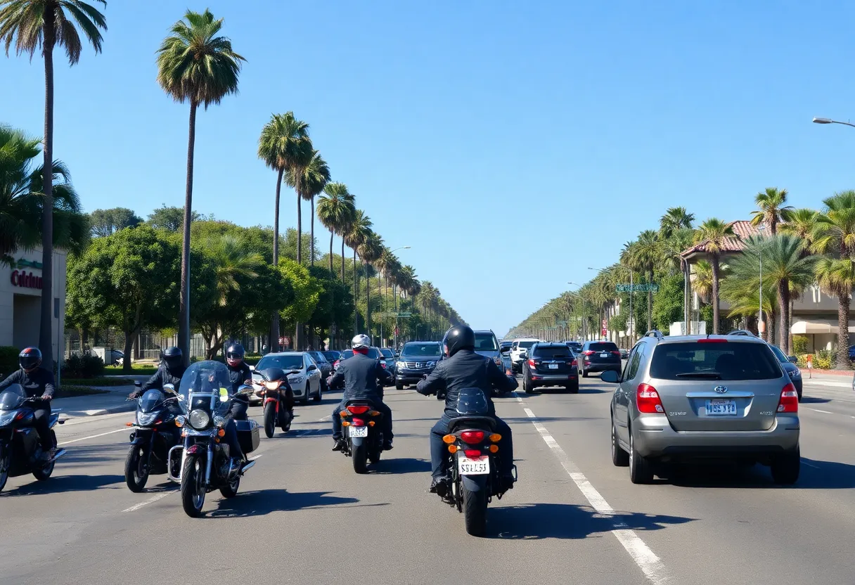Beverly Hills street with motorcycles and cars emphasizing road safety