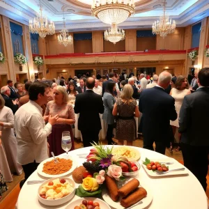 Attendees enjoying a charity benefit event at a performance arts center.