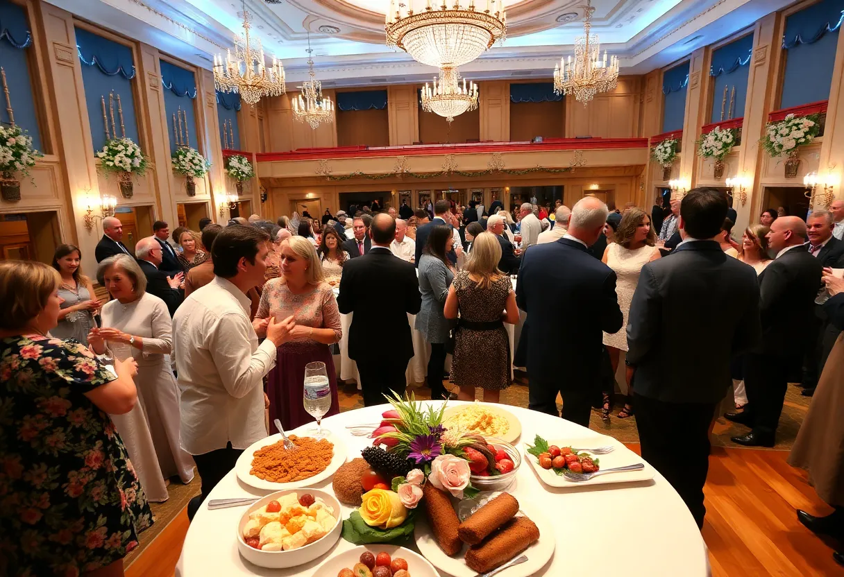 Attendees enjoying a charity benefit event at a performance arts center.
