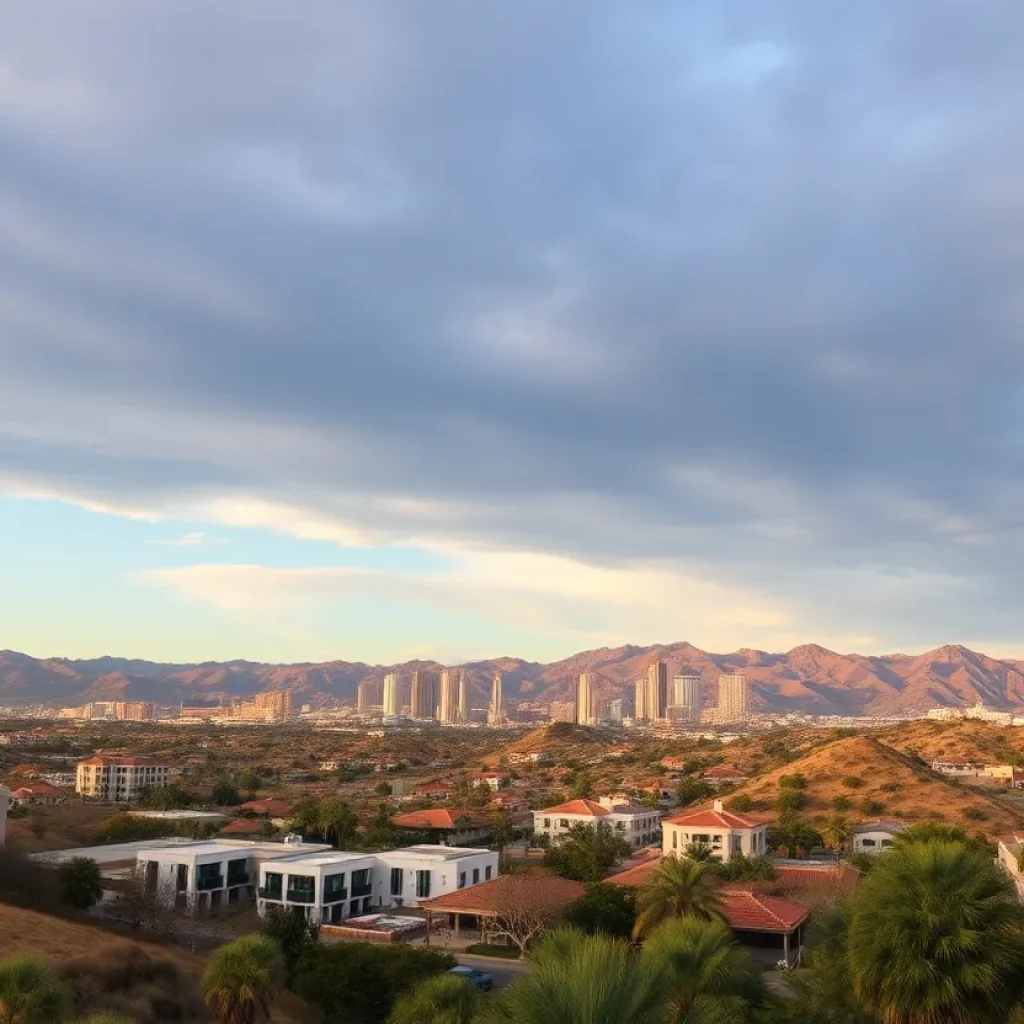 Skyline of Beverly Hills showing modern buildings against a dramatic sky