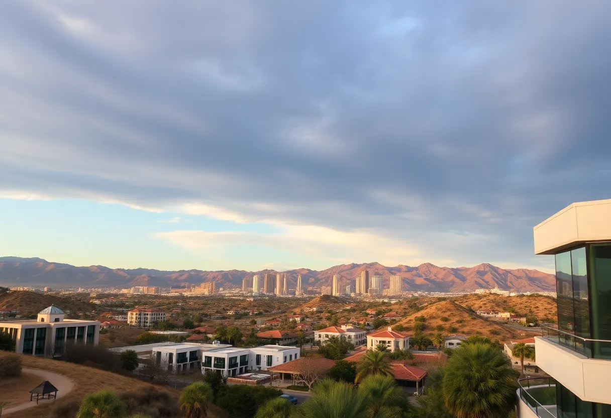 Skyline of Beverly Hills showing modern buildings against a dramatic sky