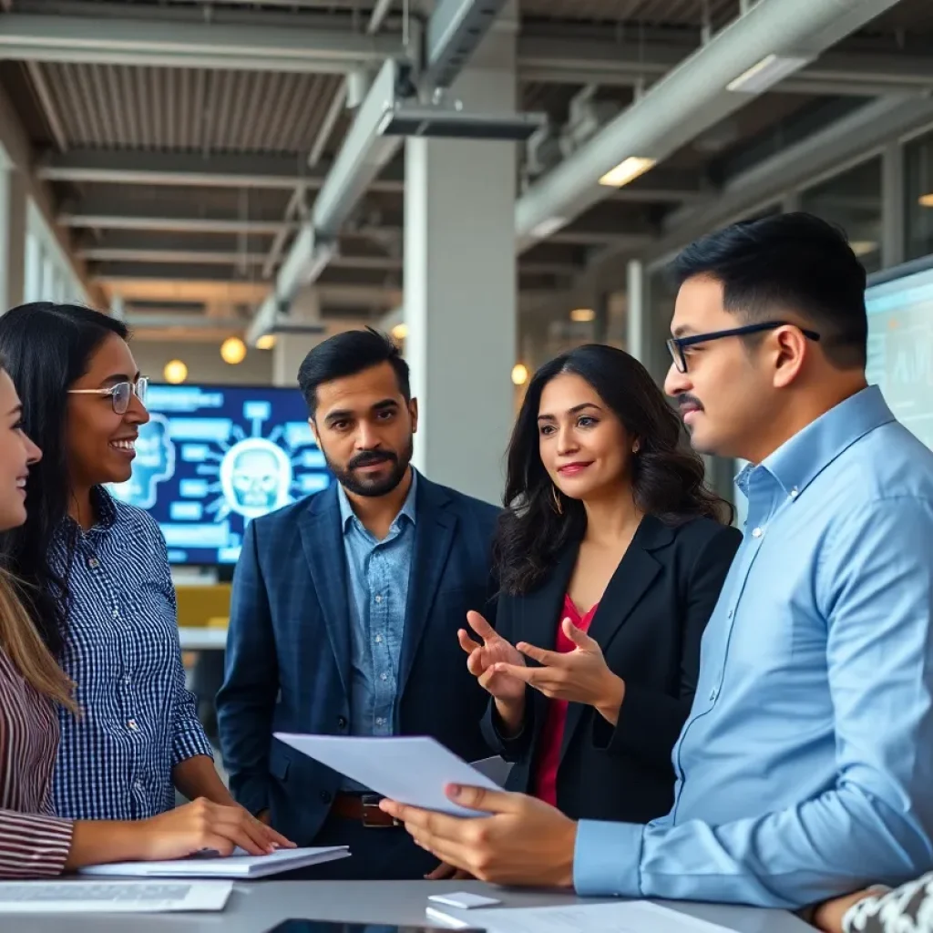 Office meeting discussing California AI regulations with diverse employees.