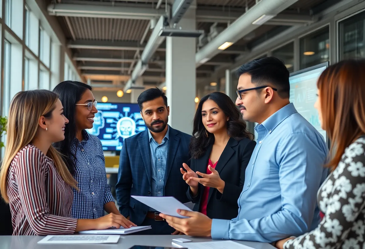 Office meeting discussing California AI regulations with diverse employees.