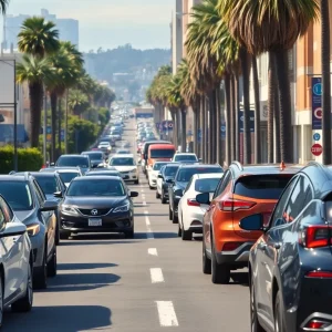 Cars on a California street, including electric and petrol vehicles