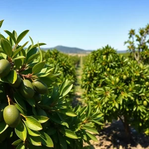 Avocado trees laden with fruit in a California orchard