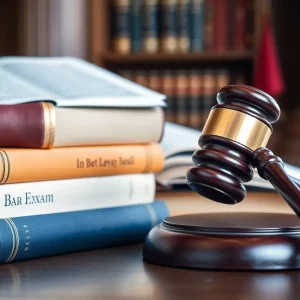 Courtroom with legal books and gavel illustrating bar exam