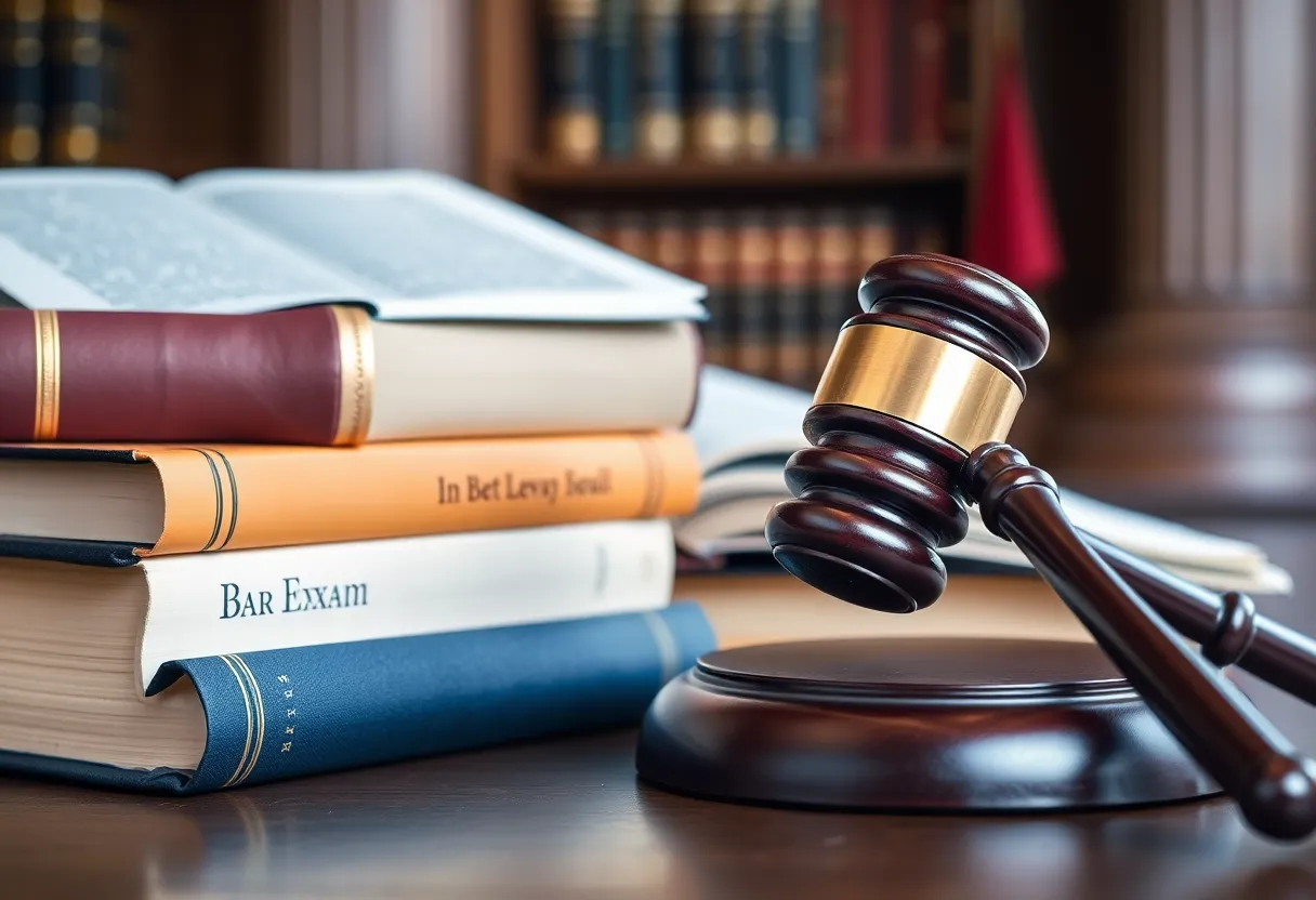 Courtroom with legal books and gavel illustrating bar exam