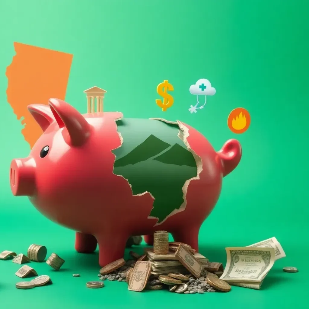Illustration of California's budget challenges with symbols of economic strain.