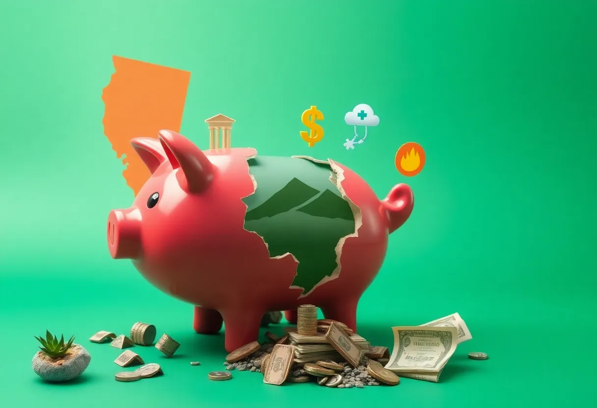 Illustration of California's budget challenges with symbols of economic strain.