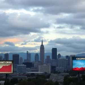 Illustration of California skyline with budget crisis elements