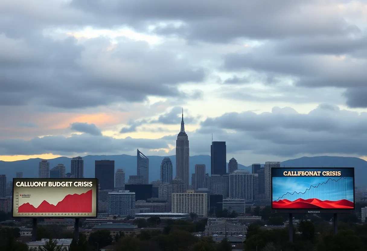 Illustration of California skyline with budget crisis elements