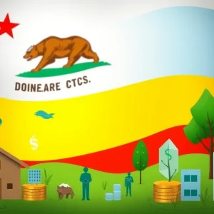 Conceptual illustration of California's budget highlighting healthcare and environmental sectors
