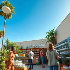 A bustling cannabis dispensary in California with customers.