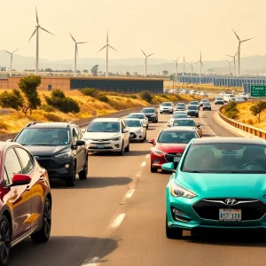 Electric vehicles on California highway with renewable energy background