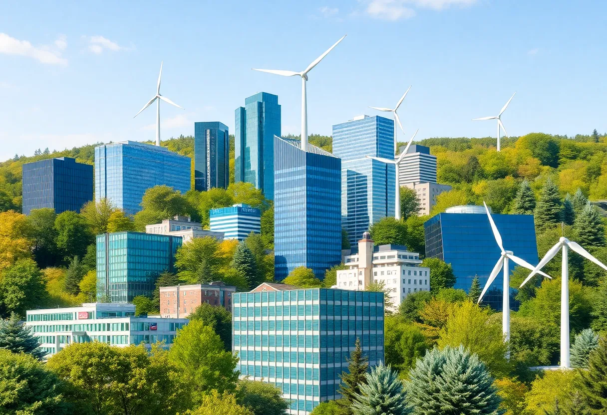 Illustration of corporate sustainability and emissions reduction efforts.
