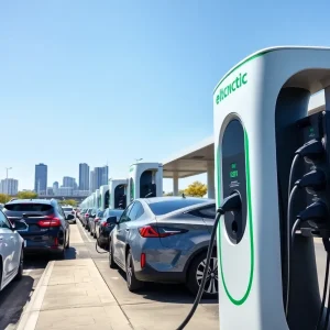 Electric vehicles charging in California at a modern charging station