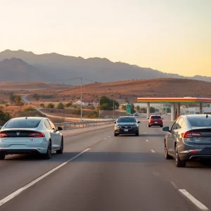 Landscape of California showing electric vehicles and a gas station