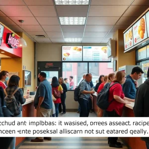 Fast food workers serving customers in a bustling California restaurant.