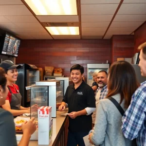 Fast food employees serving customers in a California restaurant