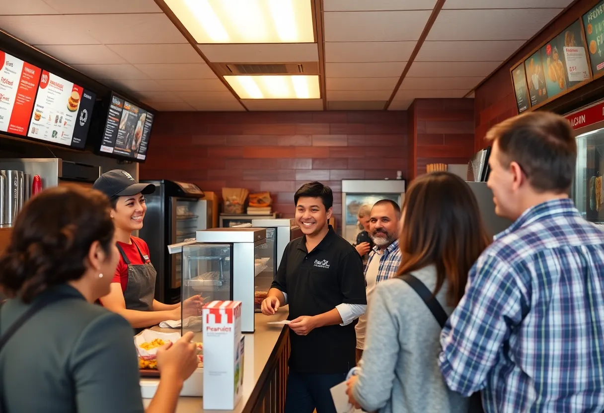 Fast food employees serving customers in a California restaurant