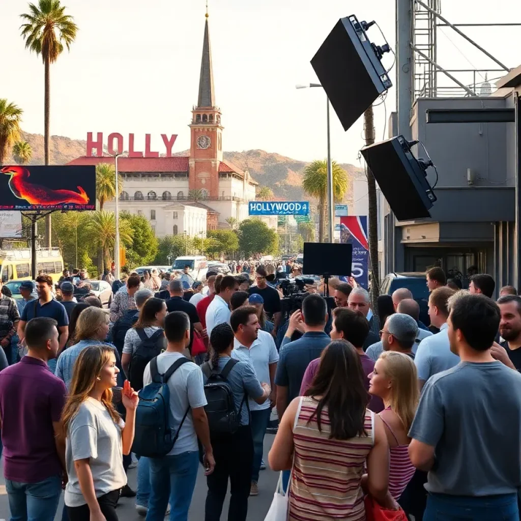 A film production scene in California showcasing tools and activity.
