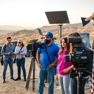 Crew members working on a film set in California.