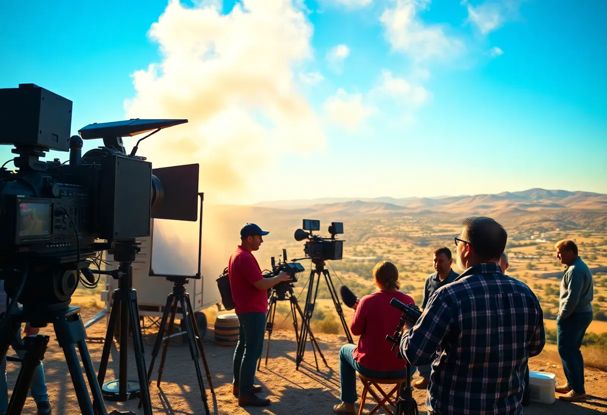 A film production scene in California showcasing tools and activity.