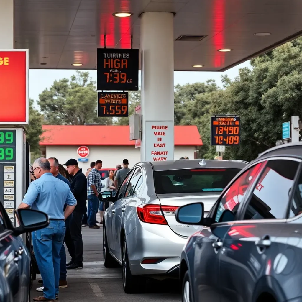 Busy California gas station with high prices displayed