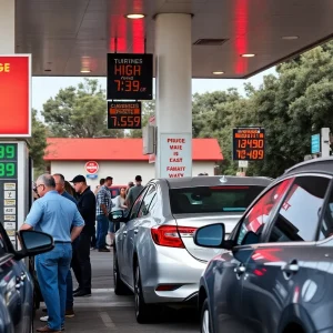 Busy California gas station with high prices displayed