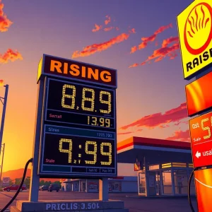 Gas station displaying rising prices in California