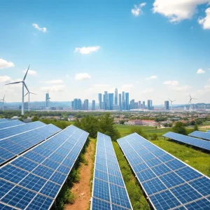 A landscape featuring solar panels and wind turbines in California