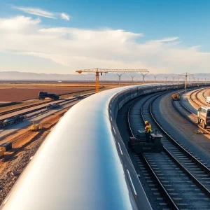 Construction site of California high-speed rail project showing cranes and structures